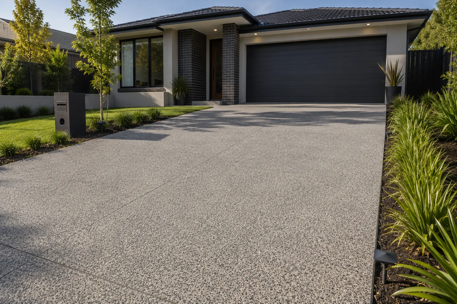 Concrete driveway poured to a modern single-storey home
