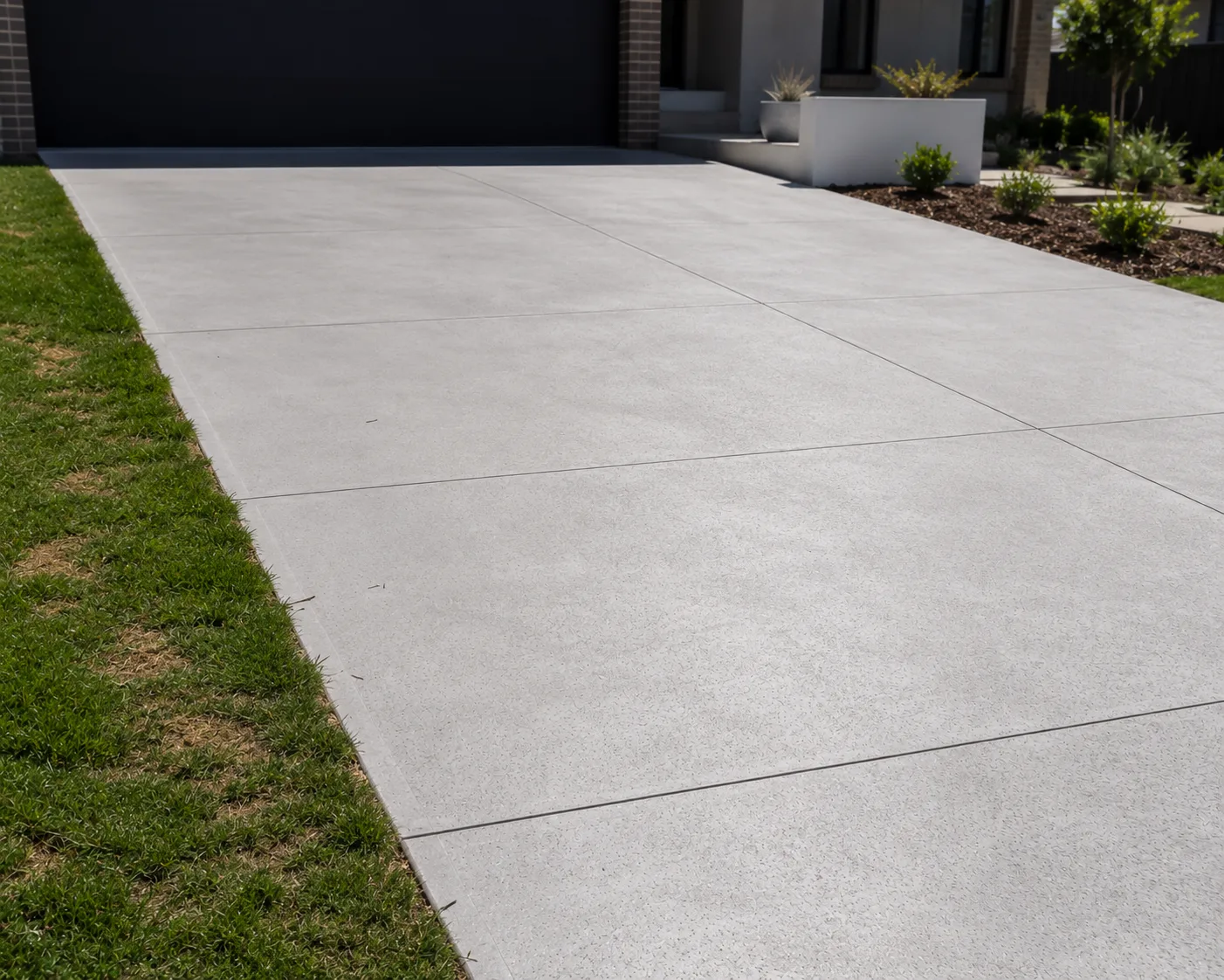 Concrete driveway finished flush with the lawn edge