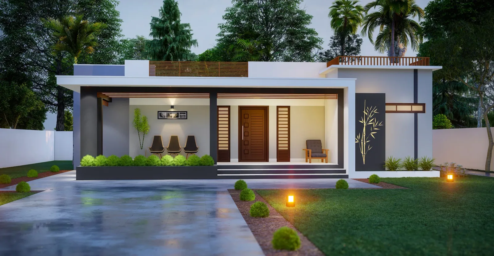 Concrete driveway finished for a rendered home at dusk
